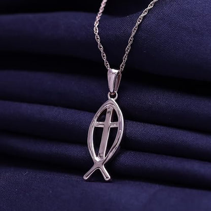 Christian Fish Cross Pendant Necklace for Women Religious Faith Jewelry - color: rose-gold-plated-silver