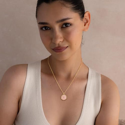 Robaice Cross Necklace for Women, Dainty 14K Gold Plated Cross Necklace - style: disc cross pink