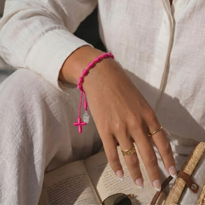 Yinkin St Benedict Medal Rosary Bracelet Bulk Adjustable - color: Pink