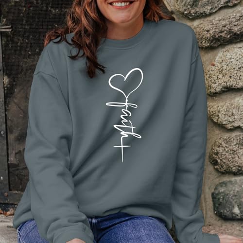 KIEKIECOO Faith Christian Sweatshirts for Women Religious Crewneck Sweatshirt Letter Print Fall Pullover Long Sleeve Tops - color: Deep Gray, size: XX-Large