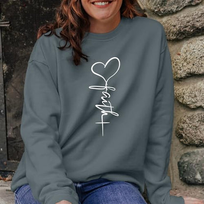 KIEKIECOO Faith Christian Sweatshirts for Women Religious Crewneck Sweatshirt Letter Print Fall Pullover Long Sleeve Tops - color: Deep Gray, size: X-Large