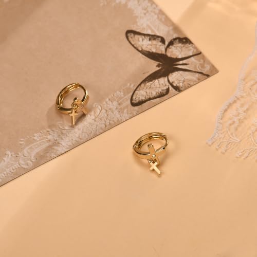 14K Gold Cross Huggie Earrings for Women Hoop Small Cross Earring - color: Tiny Gold Cross Hoop Earring