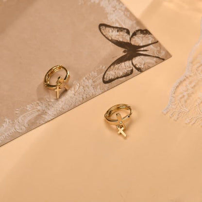 14K Gold Cross Huggie Earrings for Women Hoop Small Cross Earring - color: Tiny Gold Cross Hoop Earring