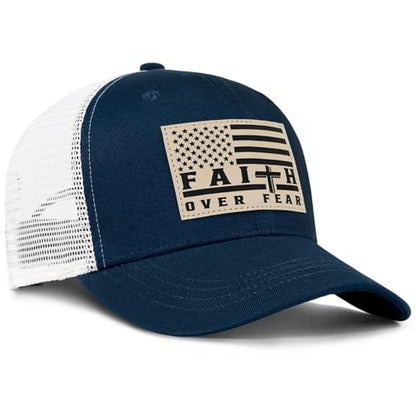 Faith Over Fear Christian Hats for Men Women, American Flag Trucker Hat, Religious Gifts for Thanksgiving Christmas - color: Navy Blue