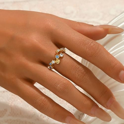 18K Gold Plated Cubic Zirconia Adjustable Open Rings for Women - color: Blue CZ