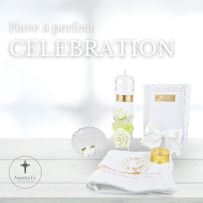 Complete Baptism Candle Set Unisex 5 pc | Baptism kit Catholic with Rosary - color: White