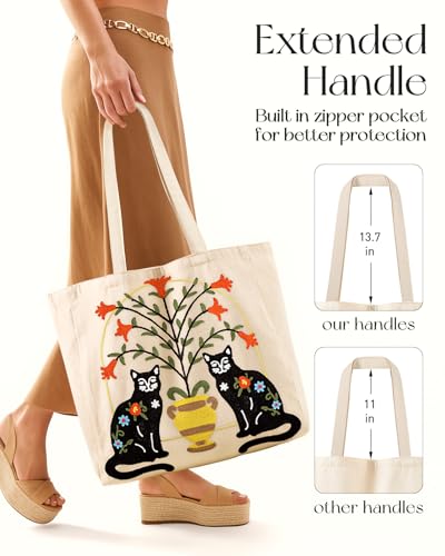 Miss Adola Embroidery Canvas Tote Bag with Pocket & Buckle - color: Cat