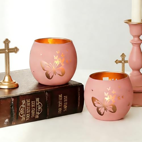 Religious Gifts for Women & Girls, Set of 2 Pink Butterfly Cross Tealight Candle Holders for Table Decor, Christian Baptism, Confirmation, Memorial, Easter Gift
