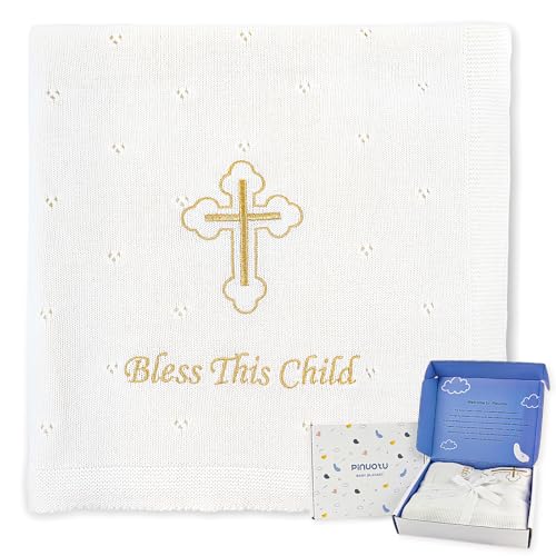 Cotton Knit Baptism Christening Blanket, Bless This Child, 40"x31" - color: Bapatism Pointelle Blanket