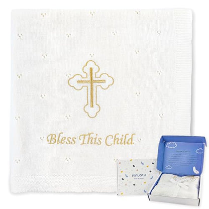 Cotton Knit Baptism Christening Blanket, Bless This Child, 40"x31" - color: Bapatism Pointelle Blanket