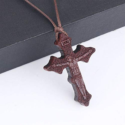 COTTVOTT Wood Orthodox Cross Pendant Necklace Christian Crucifix Necklace Prayer Jesus for Women Men - style: E-Red Color
