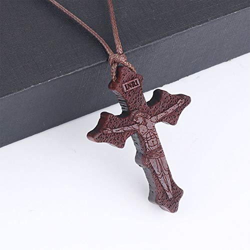 COTTVOTT Wood Orthodox Cross Pendant Necklace Christian Crucifix Necklace Prayer Jesus for Women Men - style: E-Red Color