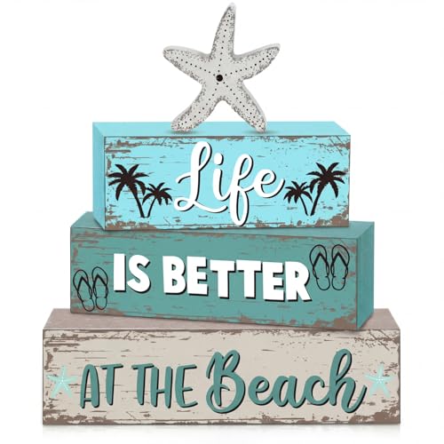 Geelin 4 Pcs Summer Table Decor Starfish Ocean Beach Wooden Block Signs - style: Ocean