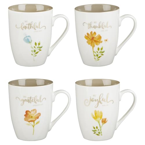 Christian Art Gifts Ceramic Coffee or Tea Mug Set for Women, Be Grateful, Faithful, Thankful, Joyful Bible Verse Mug Set, Boxed Set of 4 Coffee Cups