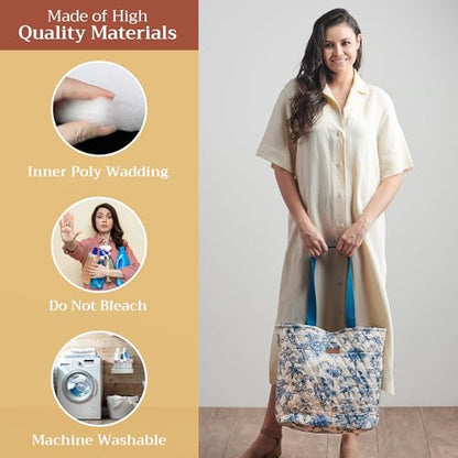 Maison d' Hermine Shopping Bags Cotton Quilted Tote Bag with Zipper Pockets - color: 002 - Bonobo - Blue
