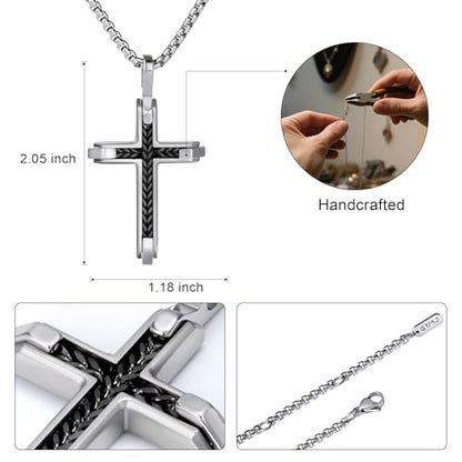 Stainless Steel Cross Necklace for Men with Adjustable Box Chain Christian Cross neckalce Gift - color: Black-Silver