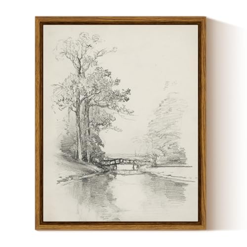 InSimSea Framed Canvas Wall Art, River Bridge Sketch Print, 10x8 Inch - color: Sketch of Trees by a Stream