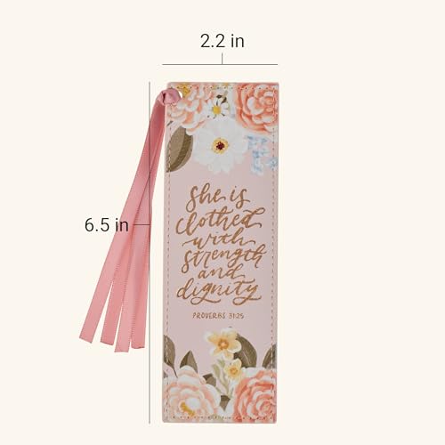 Christian Art Gifts Premium Faux Leather Bookmark: Strength & Dignity - color: Pink Floral/Strength & Dignity