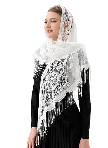 PAMOR Triangle Catholic Church Veil Chapel Veil Scarf Mantilla Veils Wrap Shawl Mass Head Covering with Fringe Trim - color: White
