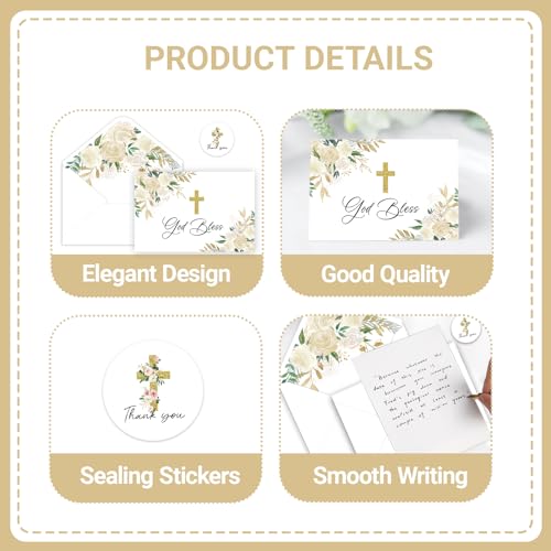 48 Pack Christian Thank You Cards Watercolor Floral Cross Baptism Thank You Cards with Envelopes & Stickers First Communion Religious Occasions VBS Thank You Cards for Church Vacation Bible School Supplies - style: 48 Pcs - Golden Christian