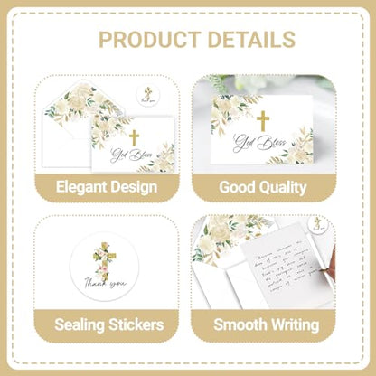 48 Pack Christian Thank You Cards Watercolor Floral Cross Baptism Thank You Cards with Envelopes & Stickers First Communion Religious Occasions VBS Thank You Cards for Church Vacation Bible School Supplies - style: 48 Pcs - Golden Christian