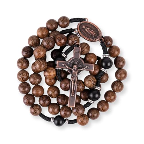 Nazareth Store Classic 10mm Solid Wood Rosary Beads Necklace for Men Olive & Dark Red Wooden Strong Rugged Corded Catholic Rosary with St.Benedict Medal & Cross Crucifix - color: Olive & Black Wood, style: Guadalupe
