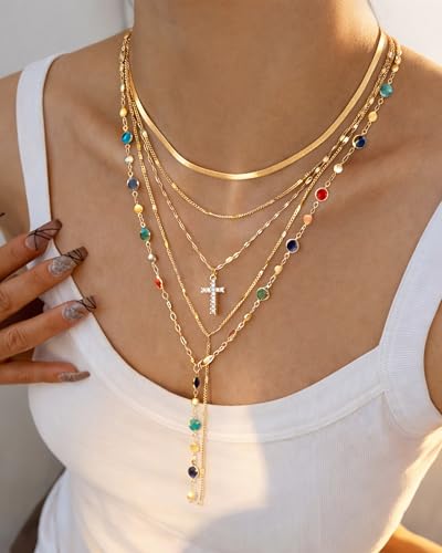 FAXHION 5PCS 14k Gold Plated Cross Necklaces for Women, Pendant Stacked Layered Diamond Y Long Boho Jewelry Sets Adjustable Accessories Trendy Gifts for Women - color: gold-01
