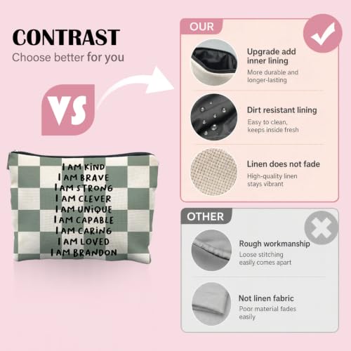 Inspirational Makeup Bag, Affirmation Encouragement Gifts for Women, Sage Green Checkered Cosmetic Bag Canvas Toiletry Zipper Pouch for Women - color: I AM KIND