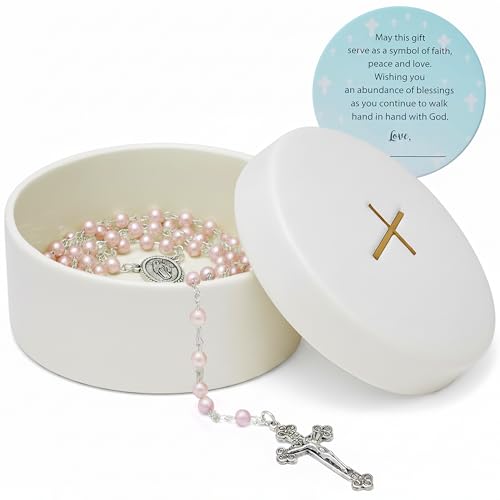 Baptism Gifts for Girls – Pink Rosary with Ceramic Keepsake Box and Card, Christening Gift - color: Pink