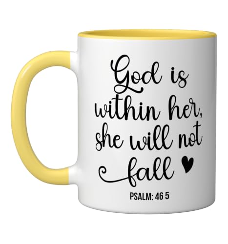 God is Within Her She Will Not Fall 46 5 Christian Verse Ceramic Mug, Yellow/White, 11oz - color: Yellow/White, size: 11 Ounces