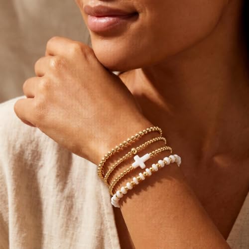 Gold Beaded Bracelets Stack for Women Stackable 14K Gold Plated Beads Ball Cross Bracelet Boho Christian Jewelry Faith Friendship Birthday Gifts for Women - color: 4pcs-White Cross
