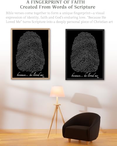 iHery 12x16in Because He Loved Me Fingerprint Bible Verse Framed Wall Art - color: Black Frame Black Art, size: 16"L x 12"W