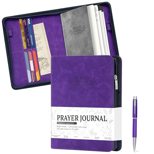 Ospelelf Purple Leather Prayer Journal with Zipper, A5 Travel Size Scripture Study Notebook with Inner Pockets for Stickers & Cards, Daily Devotional Planner for Women Men, Religious Christian Gift, Undated 3 Months - color: purple