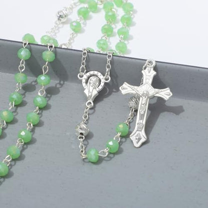 KOMI Crystal Rosary Beads with Jesus Crucifix, Catholic Necklace for Women First Communion Rosarios Wedding Rosary with Velvet Bag - style: 6MM-green
