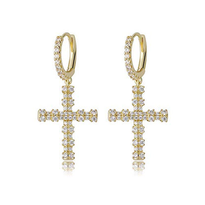 TOPGRILLZ Cross Hoop Dangle Earrings 925 Sterling Silver 5A+ Cubic Zirconia 14K Gold Hypoallergenic Cross Hoop Cuff Huggie Drop Earrings For Men Women - color: Cross 4 Gold