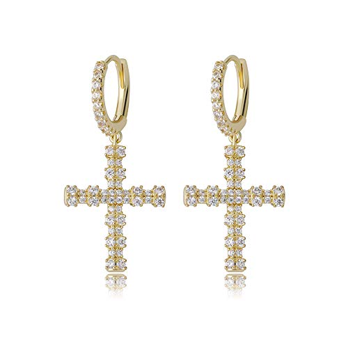 TOPGRILLZ Cross Hoop Dangle Earrings 925 Sterling Silver 5A+ Cubic Zirconia 14K Gold Hypoallergenic Cross Hoop Cuff Huggie Drop Earrings For Men Women - color: Cross 4 Gold