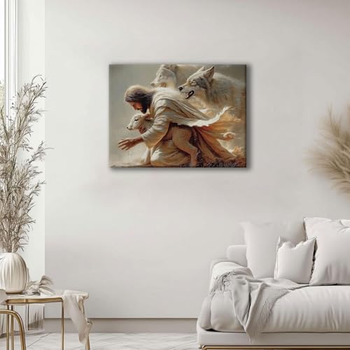 RJETZMU Jesus Good Shepherd Canvas Wall Art, Gallery Wrapped Print, 12x16 - color: Jesus sacrificed his life, size: 16"L x 12"W