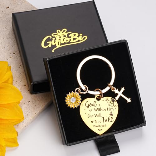 Sunflower Christian Gifts Keychain for Women, Inspirational Bible Verse Keyring, Religious Faith Gift for Birthday Christmas - color: Gold