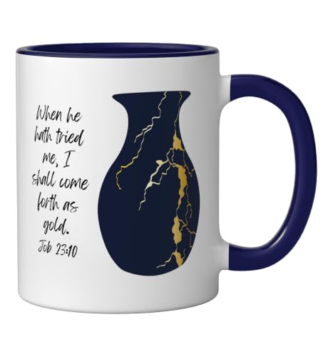 Bible Verse Jesus Christ Kintsugi Vase Gold Job Christian Ceramic Mug, Dark Blue/White, 11oz - color: Dark Blue/White, size: 11 Ounces