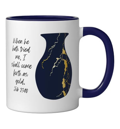 Bible Verse Jesus Christ Kintsugi Vase Gold Job Christian Ceramic Mug, Dark Blue/White, 11oz - color: Dark Blue/White, size: 11 Ounces