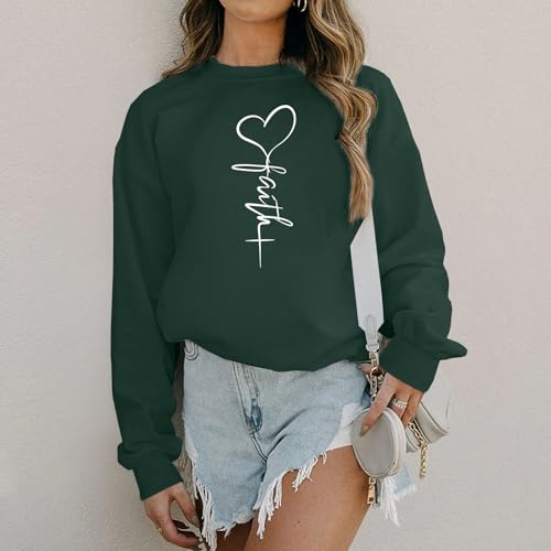 KIEKIECOO Faith Christian Sweatshirts for Women Religious Crewneck Sweatshirt Letter Print Fall Pullover Long Sleeve Tops - color: Green, size: XX-Large