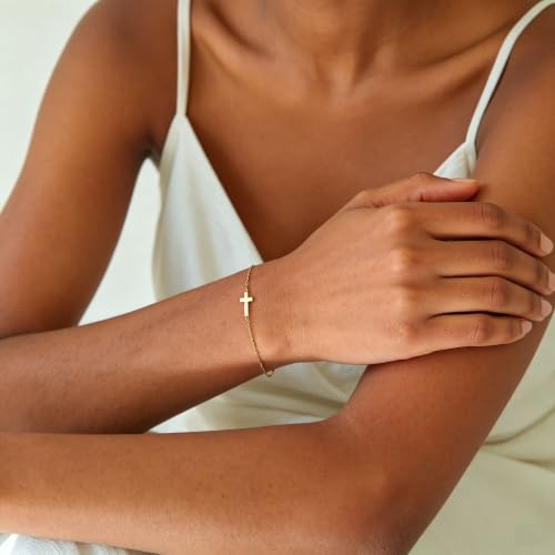18K Gold Plated Pearl Beaded Cross Bracelets for Women Adjustable - color: Tiny Cross-Gold