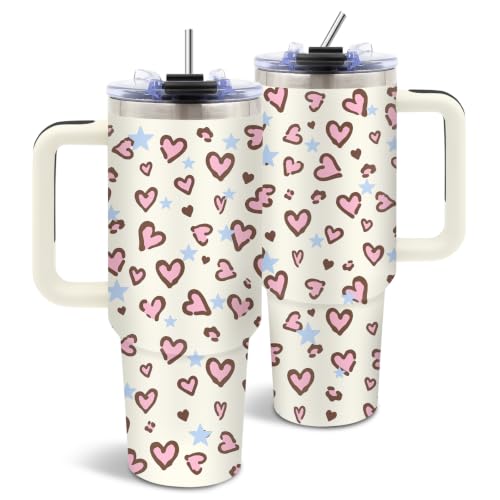Pink Heart 40oz Tumbler with Handle and Straw, Cute Heart Gifts for Women - color: Leopard1
