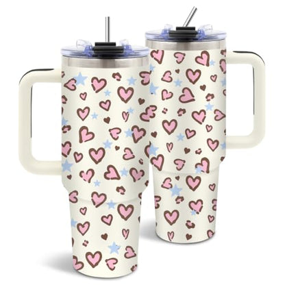Pink Heart 40oz Tumbler with Handle and Straw, Cute Heart Gifts for Women - color: Leopard1