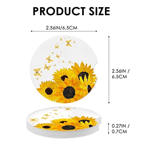 Car Coasters 2 Pack, Small 2.56" Stone Car Cupholder Absorbent Coaster Set for Women Men Drink Cup Holder Coasters (Sunflower&Butterfly) - color: Sunflower&butterfly