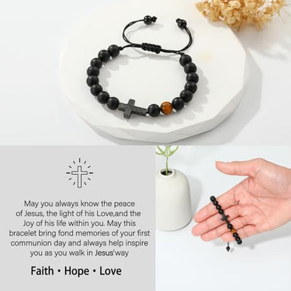 P. BLAKE Cross Bracelet for Boys Men, American Flag Cross Natural Beads Bracelet Christian Religious Birthday Jewelry Gifts for Teen Boys - style: First Communion