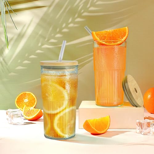 Joeyan 24 oz Clear Glass Tumbler with Straw and Bamboo Lid,Dishwasher Safe - color: Clear glass tumbler with bamboo lid