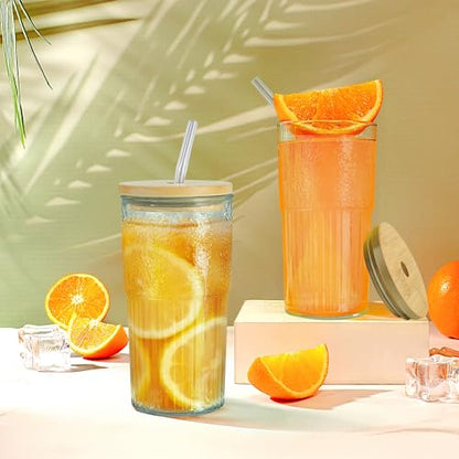 Joeyan 24 oz Clear Glass Tumbler with Straw and Bamboo Lid,Dishwasher Safe - color: Clear glass tumbler with bamboo lid