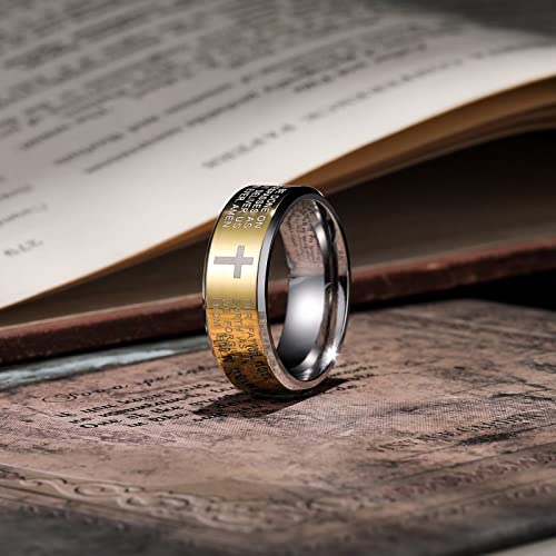 King Will Stainless Steel Men Ring Lord's Prayer Cross Ring Stainless Steel Men Wedding Ring, Wedding Band Bible Engraved Rings High Polished, Comfort Fit - color: gold polish