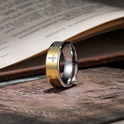 King Will Stainless Steel Men Ring Lord's Prayer Cross Ring Stainless Steel Men Wedding Ring, Wedding Band Bible Engraved Rings High Polished, Comfort Fit - color: gold polish